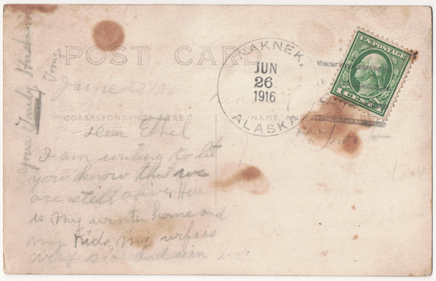 For sale: original 1916 postcard of Alaska Native
              family at their barabara near Naknek.