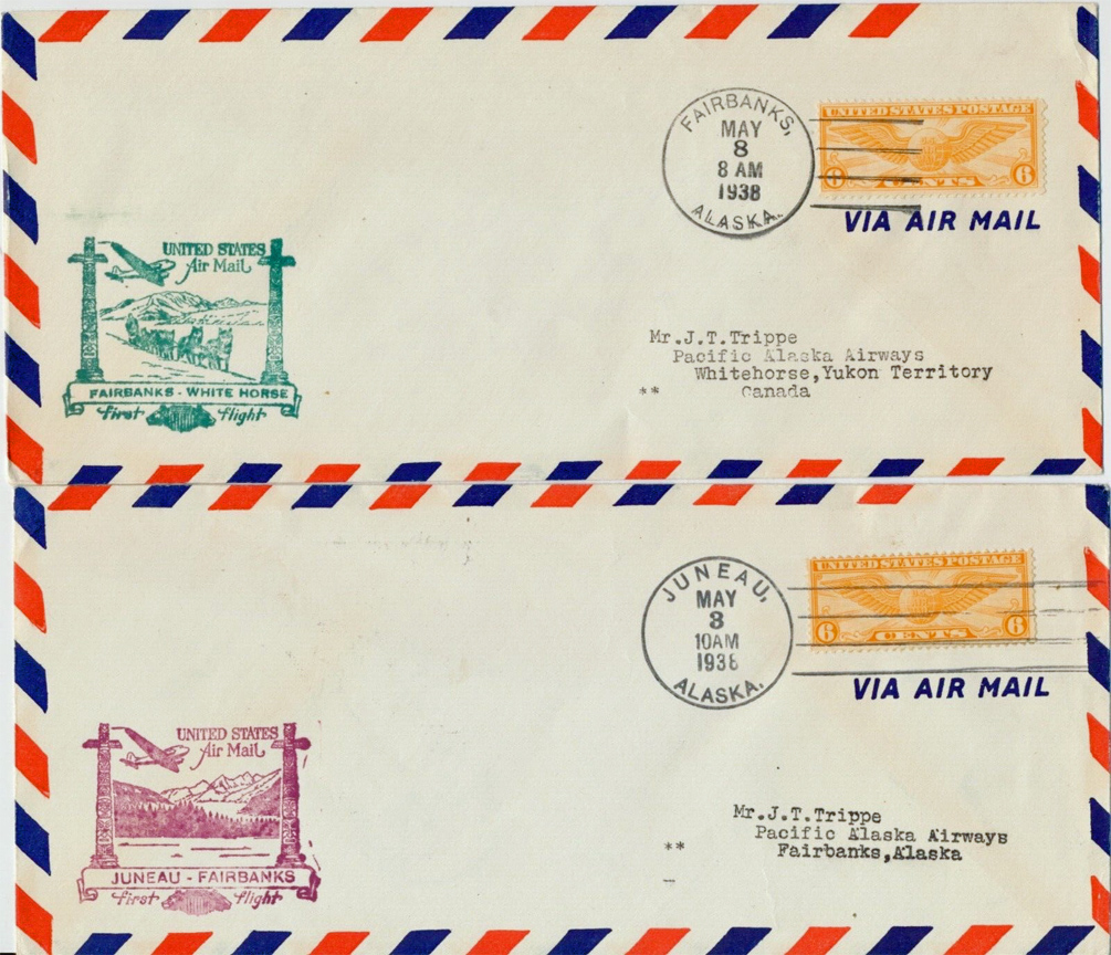 For sale: 1938 Alaska first flight covers with 6 cent
              winged globe stamps.