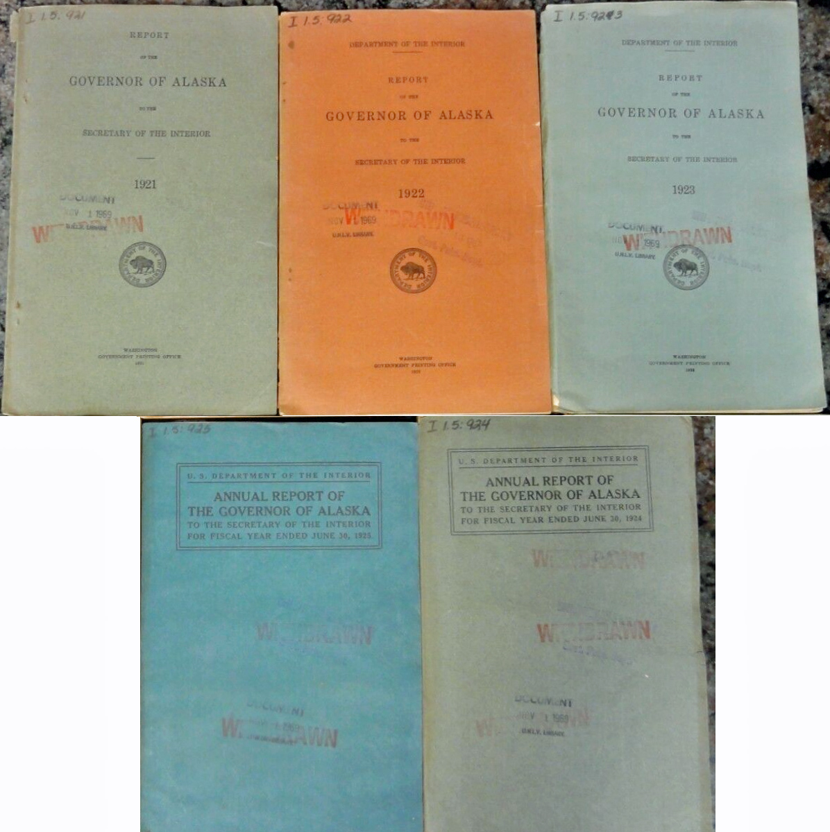 For sale: Five annual Reports of the Governor of
              Alaska 1921 - 1925.