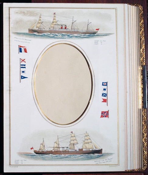 For sale: Antique
              British Marine Cabinet Card Photo Album with color
              illustrations of ships on the album pages.