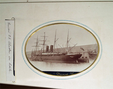 For sale: Antique
              British Marine Cabinet Card Photo Album with color
              illustrations of ships on the album pages.