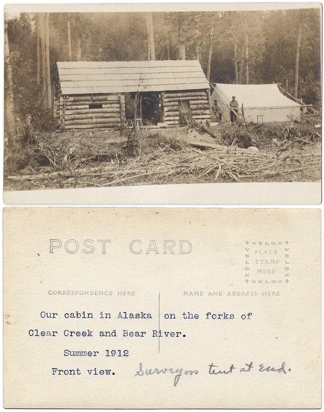 For sale: original
              1912 real photo postcard of a cabin at Clear Creek, Bear
              River, Alaska Peninsula.