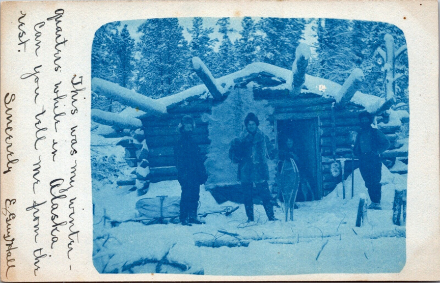 For sale: Very Rare Cyanotype Real Photo Postcard
                of an Alaska cabin.