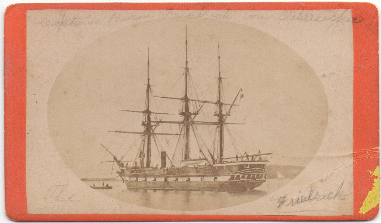 For sale: Original
              carte de visite albumen photograph of the Austrian
              corvette Erzherzog Friedrich at San Francisco, California,
              in 1875.
