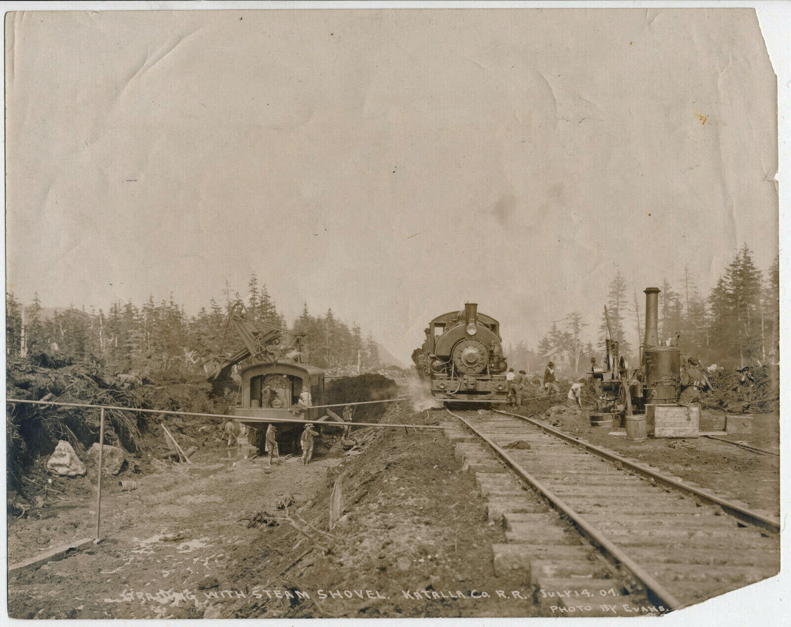 For sale: Original 1907 photograph of the Katalla
              Coal Railroad grading and engine and men.