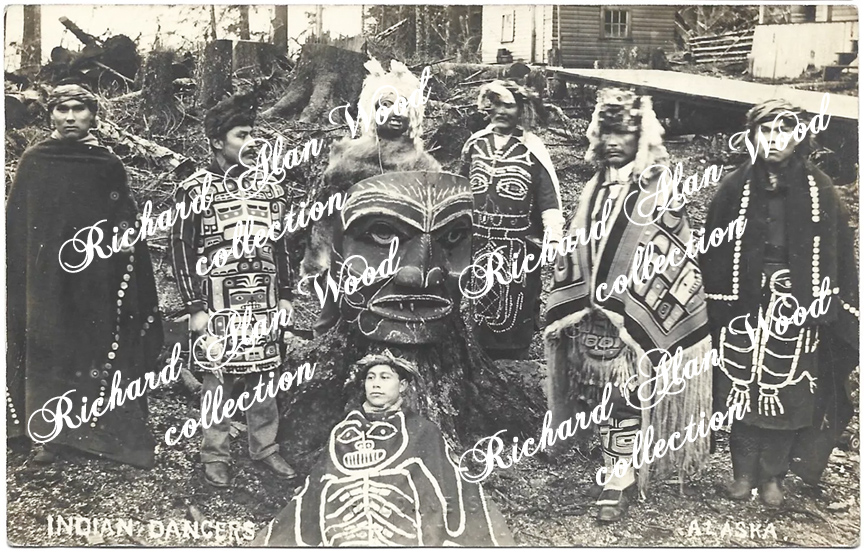 For sale: an extremely rare Benjamin Alfred Haldane
              real photo postcard of Metlakatla Indian Dancers with the
              giant mask.