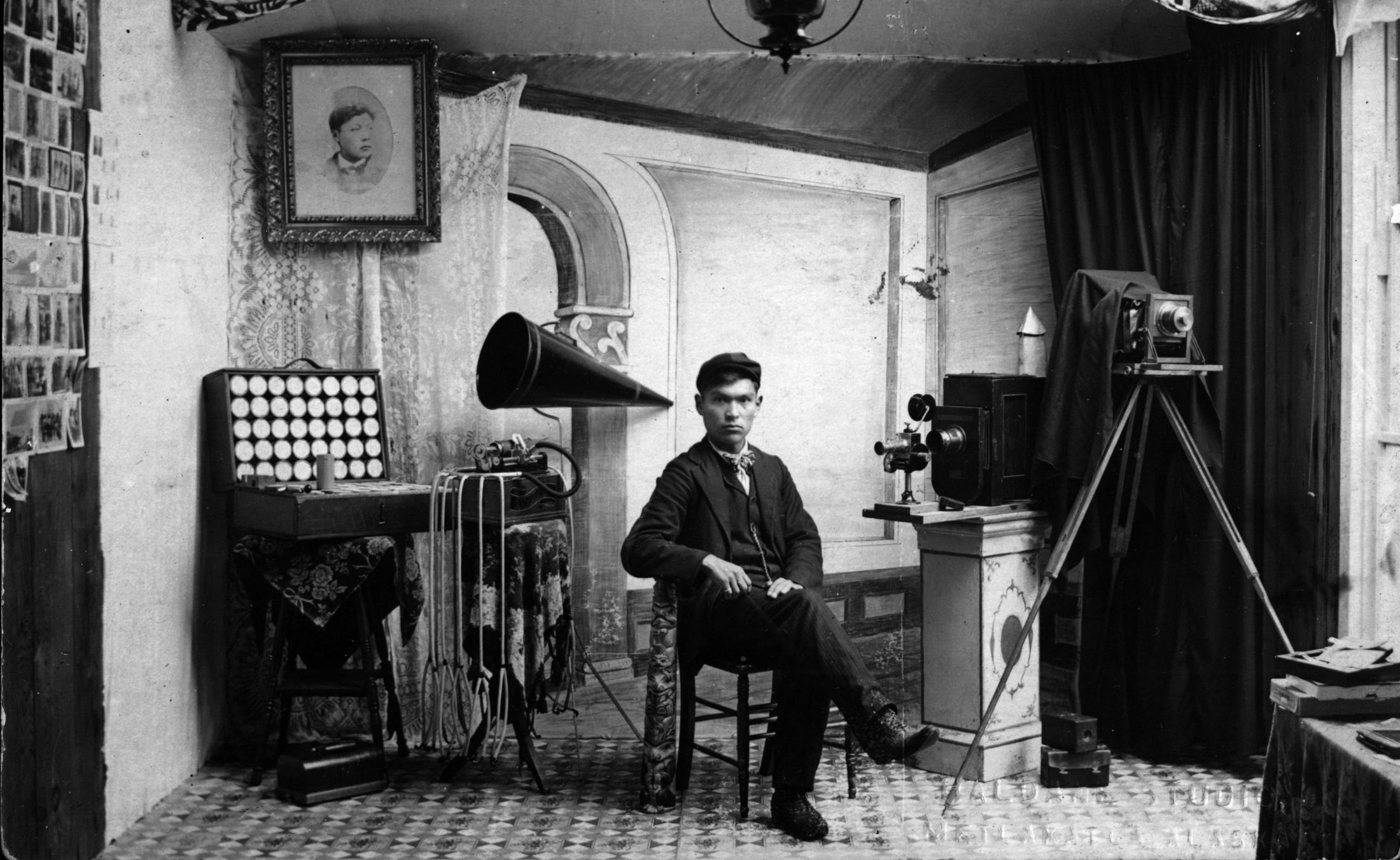 Benjamin Haldane seated in his Metlakatla studio,
              Ketchikan Museum Collection.