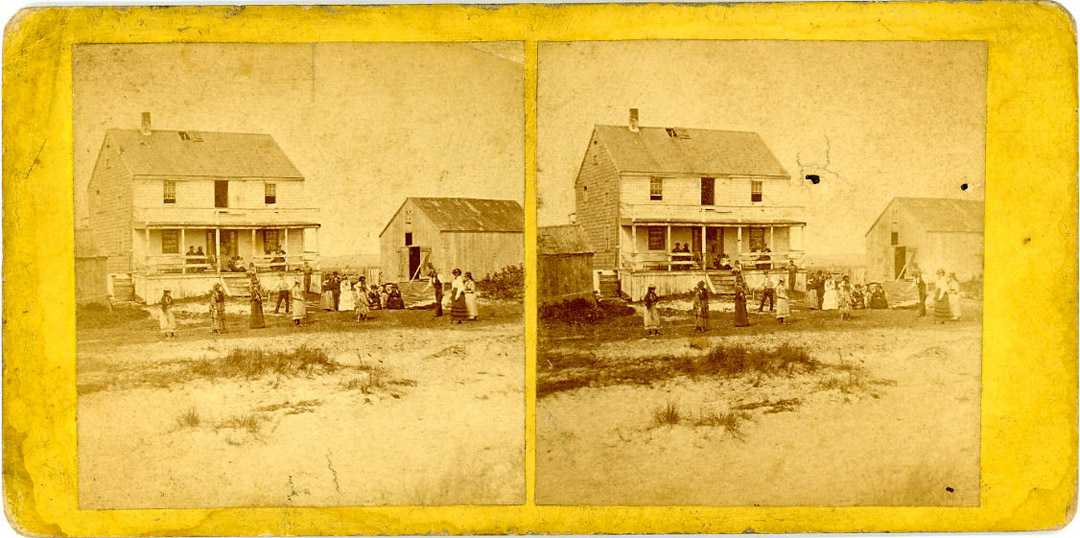 For sale: 1870's
              Stereoview of people playing croquet in front of the
              Halfway House, on Plum Island, Massachusetts.