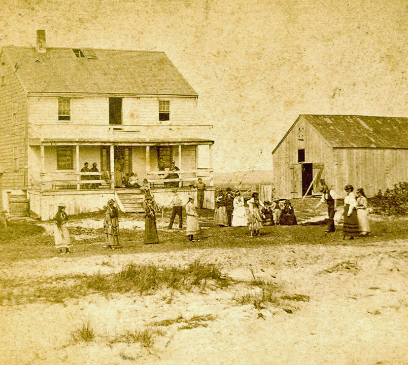 For sale: 1870's
              Stereoview of people playing croquet in front of the
              Halfway House, on Plum Island, Massachusetts.