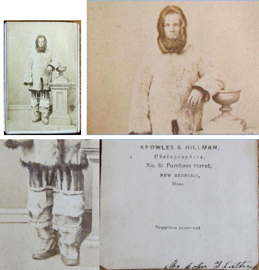 CDV of John Luther (?) in an
        eastern arctic outfit taken by New Bedford photographers Knowles
        & Hillman. Was Luther a whaler? There was a John P. Luther
        who was a whaling master.