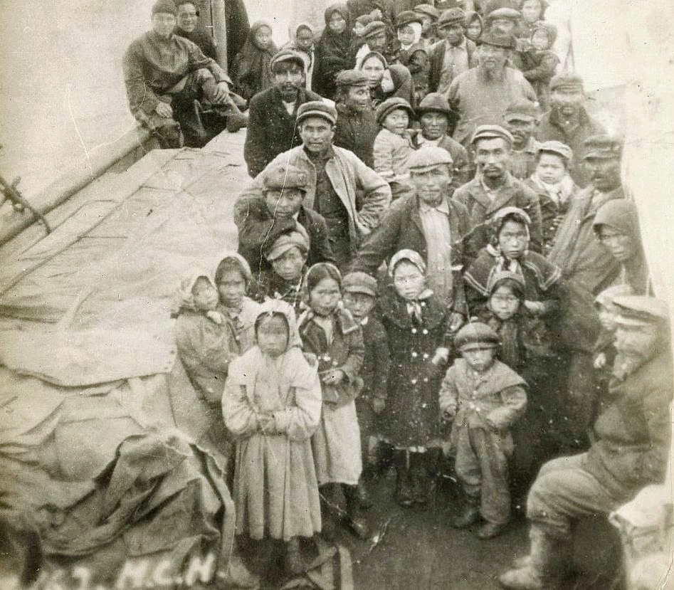For sale: photograph
              of Katmai people with Reverend Alexander Petelin onboard
              the ship moving them to Perryville.