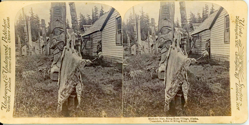 For sale: Original stereoview of Klinkwan medicine
              man.