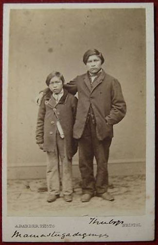 Original carte de visite of two Tierra del Fuego
              Indian boys who were brought back to Bristol England in
              1864.