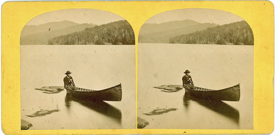 Fo sale: original 1870's stereoview of an Adirondack
              Guide Boat.