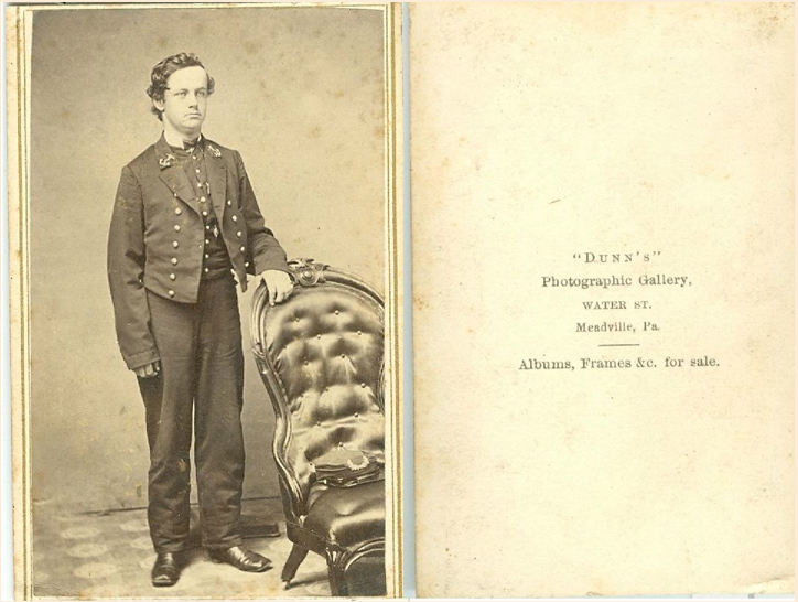 Carte de visite of
        unidentified navy man photographed at Dunn's Photographic
        Gallery in Meadville, Pa.