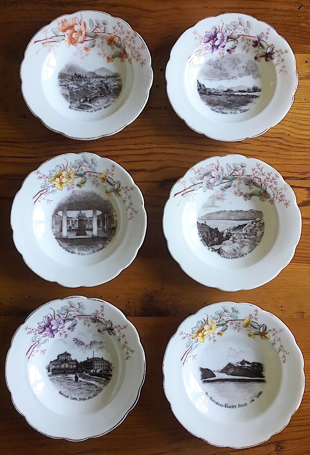 For sale: Set of 6 Small Antique Souvenir Plates from
              Sitka Alaska, made circa 1893.