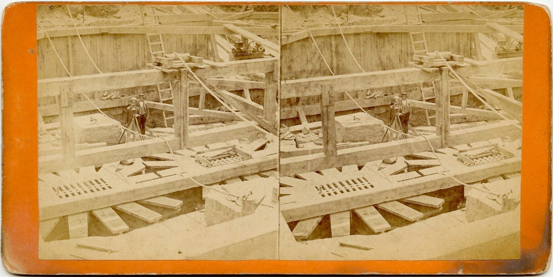 For sale: original stereoview of the construction of
              the Brooklyn Bridge, showing the central anchor plates.