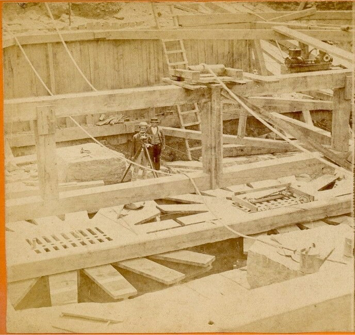 For sale: original stereoview of the construction of
              the Brooklyn Bridge, showing the central anchor plates.