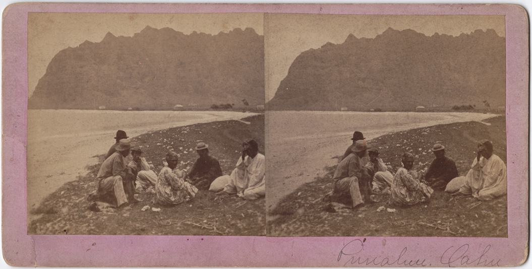 For sale: Original
              antique stereoview of Hawaiian Native people at Punaluu
              Beach, Oahu.