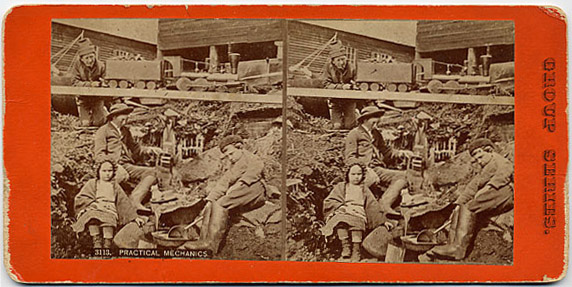 Stereoview of wooden toy train for sale.