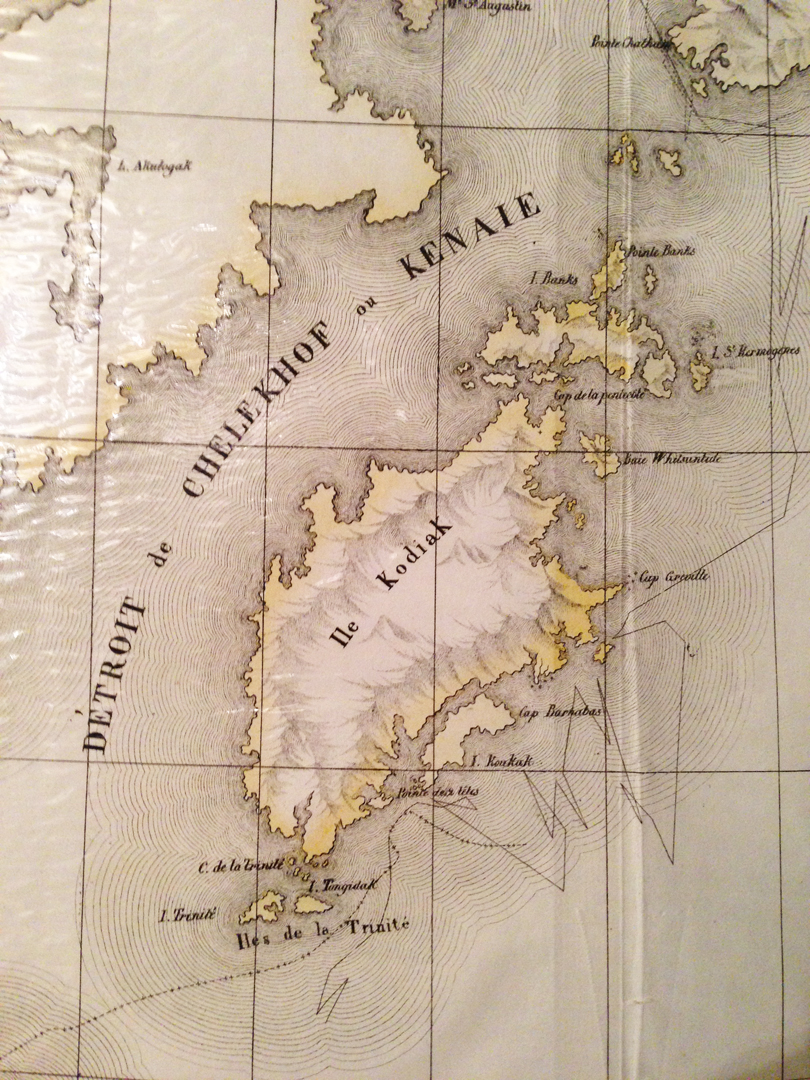 For sale: original
              1825 map of Kodiak Island, showing the tracks of the
              Billings voyage, by Philippe Vandermaelen.