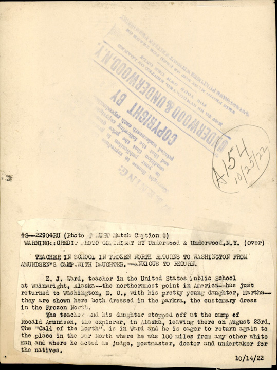 For sale: A photograph of government teacher Edward
              J. Ward and daughter at Eskimo village of Wainwright
              Alaska 1922.