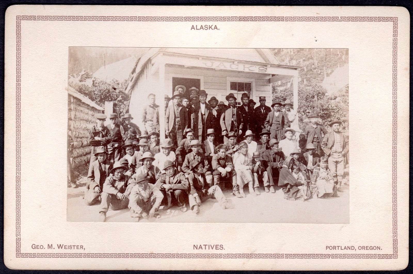 For sale: original
              cabinet card of Tlingit Indians in front of Jack's,
              Juneau.