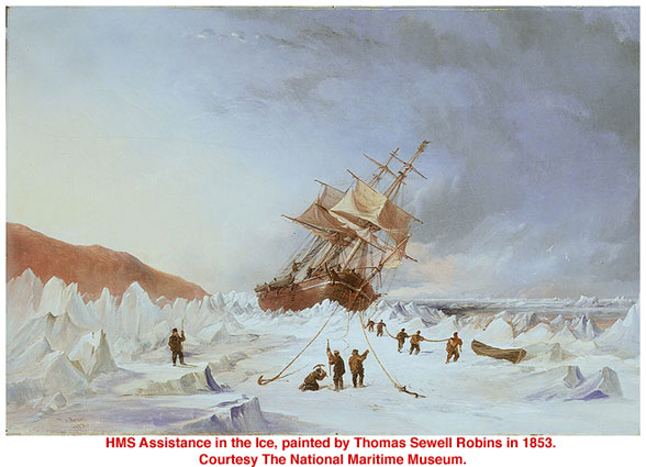 HMS Assistance in the Ice, painted by Thomas
              Sewell Robins in 1853. Courtesy The National Maritime
              Museum.