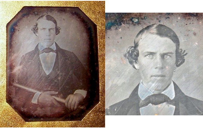 Daguerreotype of an unidentified sea captain or sailor
        holding a telescope, wearing earrings, circa 1845.